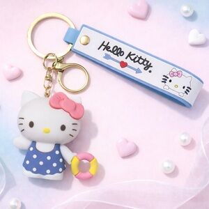 Hello Kitty 3D Keychain Blue Polka Dot Dress Charm Strap 8”L Sanrio Kawaii ✨NWOT